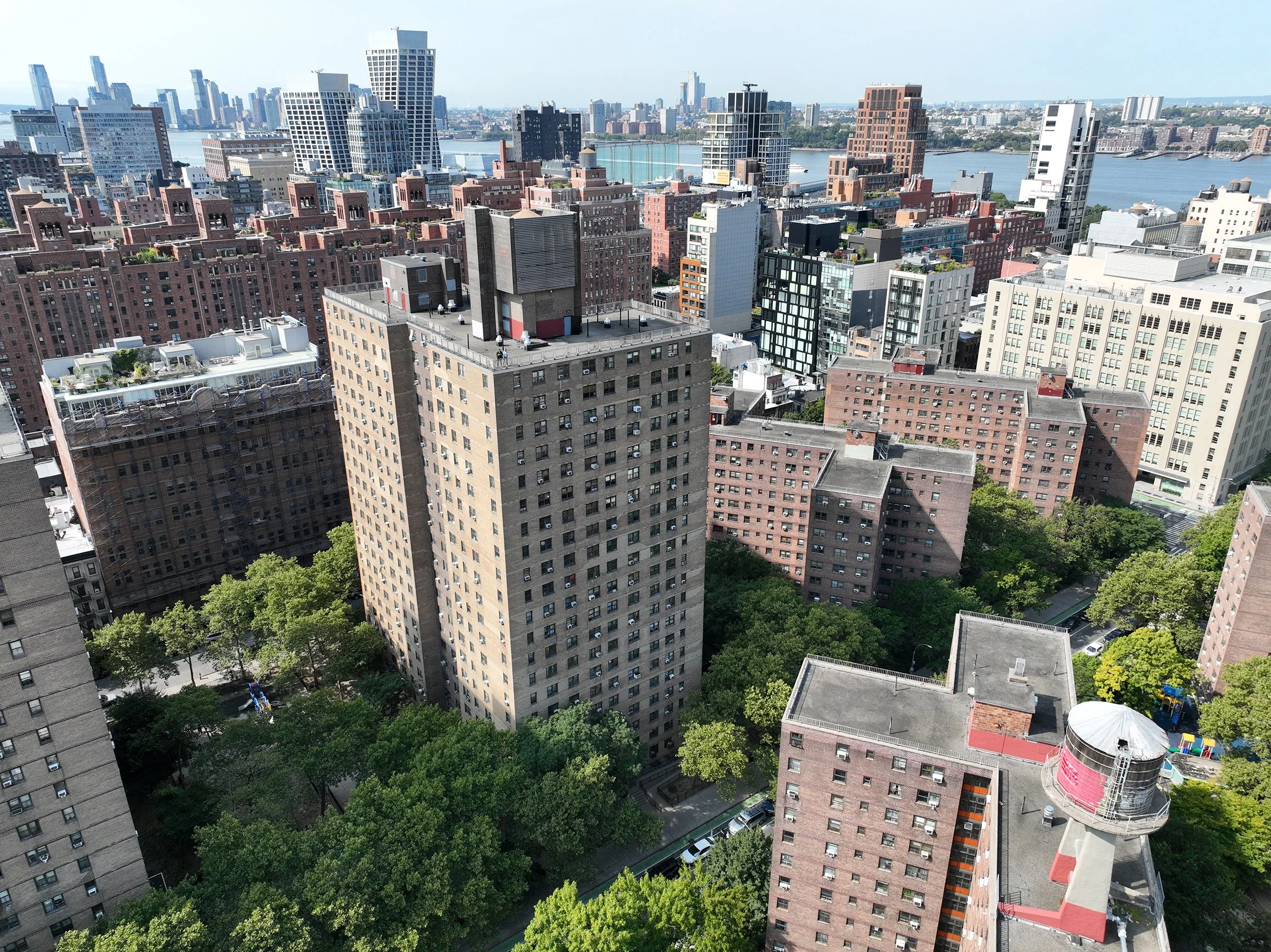 Aerial view of Chelsea Elliott-Fulton Houses, the NYCHA campus in Manhattan where Perennial Empire is prime general contractor on Phase 1 of the largest PACT renovation in U.S. history.